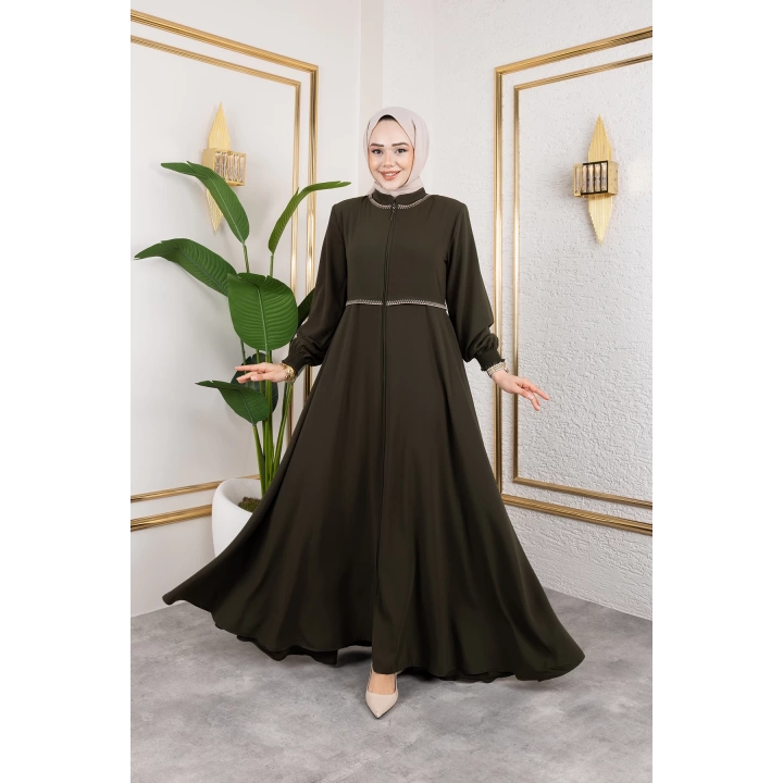 Yaka Ve Bel Nakış Detaylı Ferace - Haki / F0143