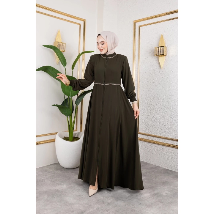 Yaka Ve Bel Nakış Detaylı Ferace - Haki / F0143