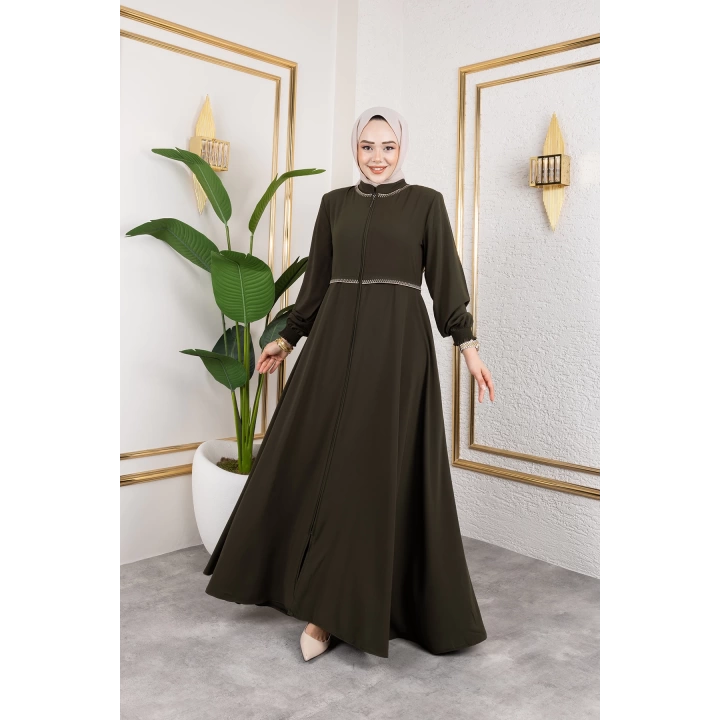 Yaka Ve Bel Nakış Detaylı Ferace - Haki / F0143