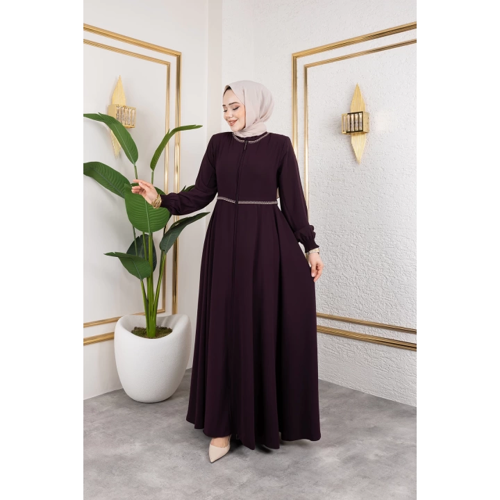 Yaka Ve Bel Nakış Detaylı Ferace - Mürdüm / F0143