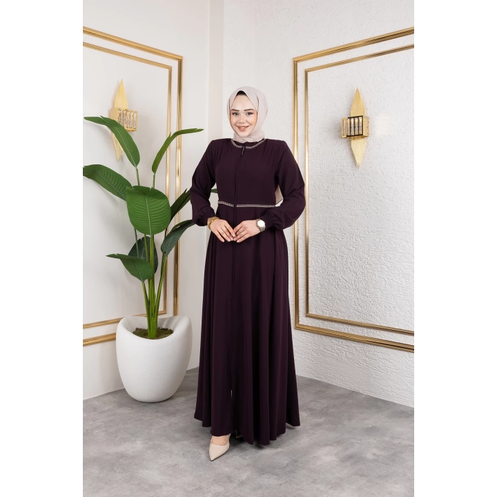 Yaka Ve Bel Nakış Detaylı Ferace - Mürdüm / F0143