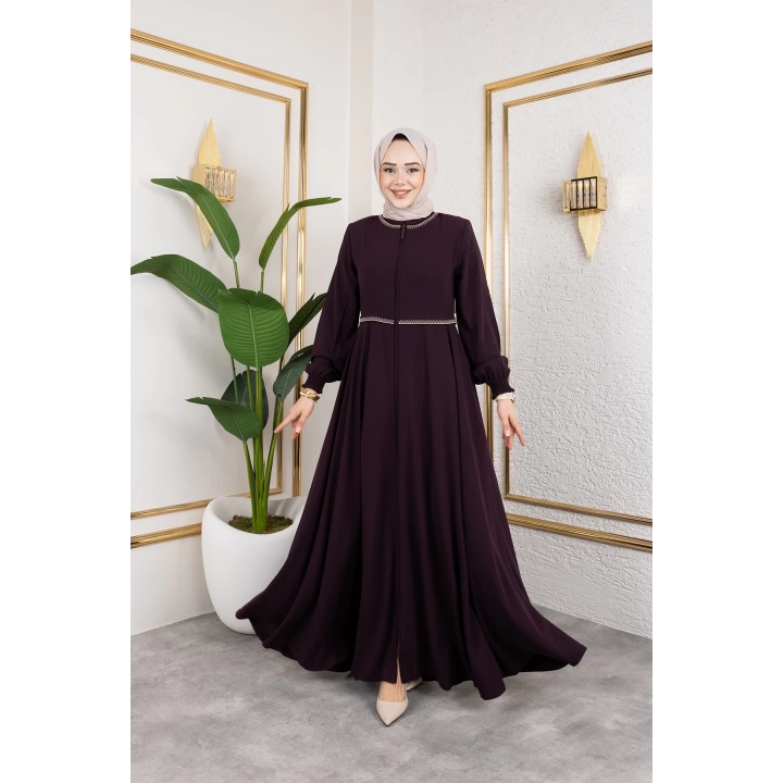 Yaka Ve Bel Nakış Detaylı Ferace - Mürdüm / F0143