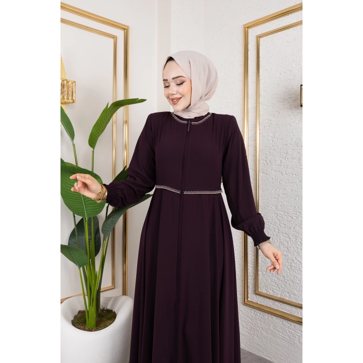 Yaka Ve Bel Nakış Detaylı Ferace - Mürdüm / F0143