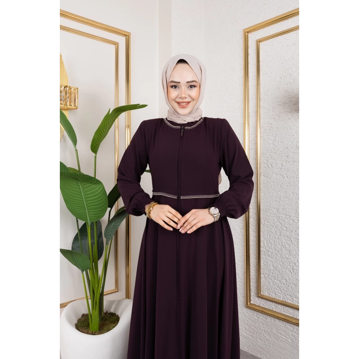 Yaka Ve Bel Nakış Detaylı Ferace - Mürdüm / F0143