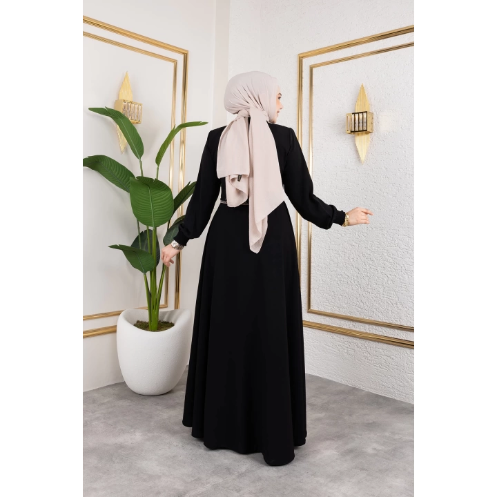 Yaka Ve Bel Nakış Detaylı Ferace - Siyah / F0143
