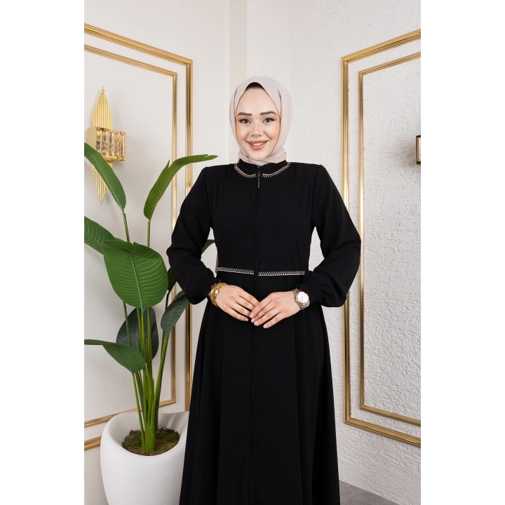 Yaka Ve Bel Nakış Detaylı Ferace - Siyah / F0143
