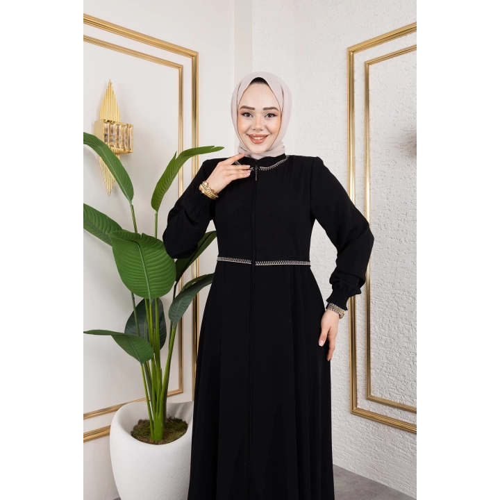 Yaka Ve Bel Nakış Detaylı Ferace - Siyah / F0143