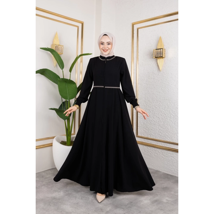 Yaka Ve Bel Nakış Detaylı Ferace - Siyah / F0143