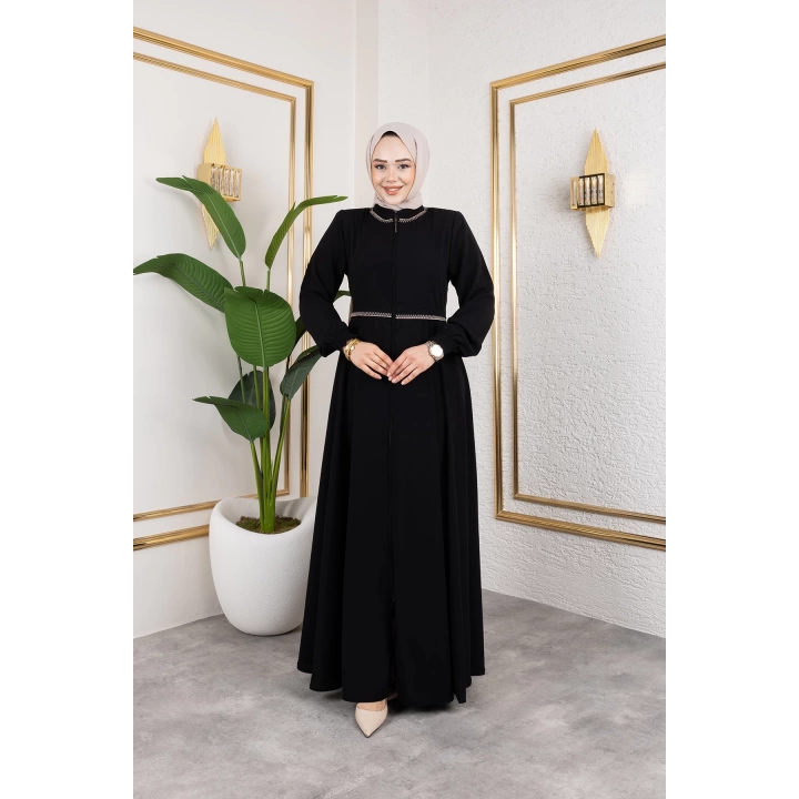 Yaka Ve Bel Nakış Detaylı Ferace - Siyah / F0143