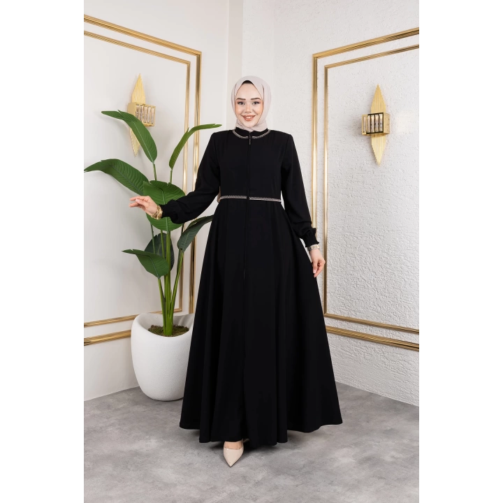 Yaka Ve Bel Nakış Detaylı Ferace - Siyah / F0143