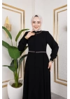 Yaka Ve Bel Nakış Detaylı Ferace - Siyah / F0143