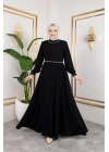 Yaka Ve Bel Nakış Detaylı Ferace - Siyah / F0143