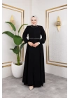 Yaka Ve Bel Nakış Detaylı Ferace - Siyah / F0143