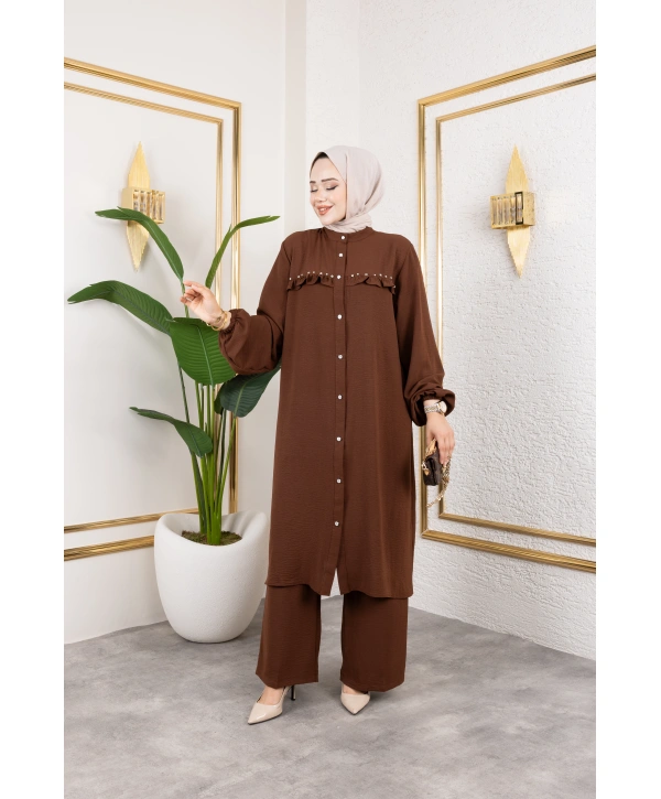 Ayrobin Kumaş İnci Detaylı Takım / T112 - Kahverengi