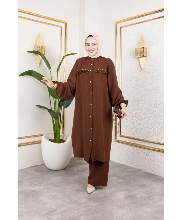 Ayrobin Kumaş İnci Detaylı Takım / T112 - Kahverengi