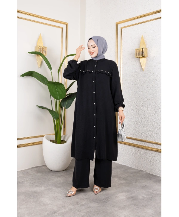 Ayrobin Kumaş İnci Detaylı Takım / T112 - Siyah