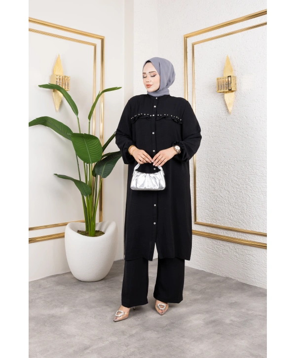 Ayrobin Kumaş İnci Detaylı Takım / T112 - Siyah