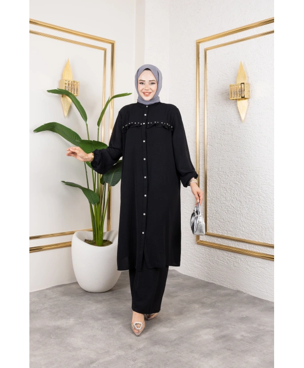 Ayrobin Kumaş İnci Detaylı Takım / T112 - Siyah