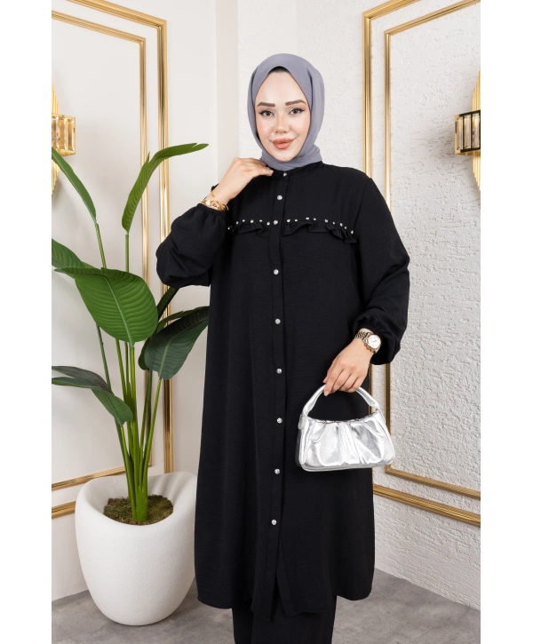 Ayrobin Kumaş İnci Detaylı Takım / T112 - Siyah