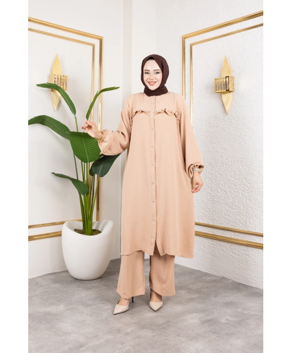 Ayrobin Kumaş İnci Detaylı Takım / T112 - Vizon