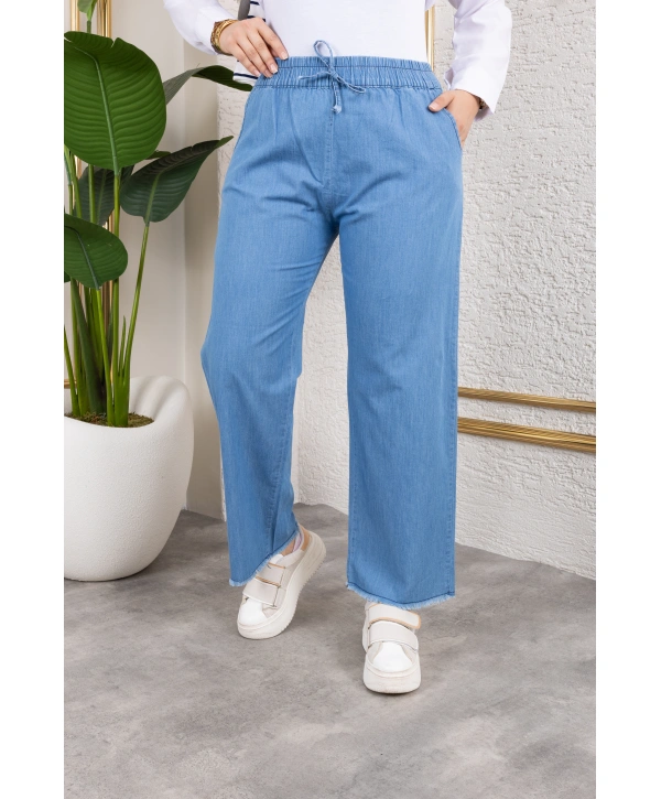 Beli Lastikli Keten Pantolon - Açık Mavi / A0104