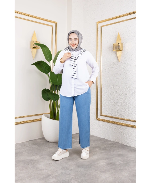 Beli Lastikli Keten Pantolon - Açık Mavi / A0104