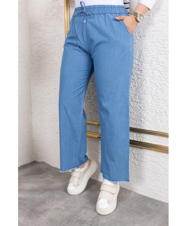 Beli Lastikli Keten Pantolon - Açık Mavi / A0104