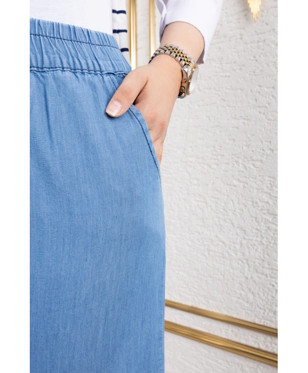 Beli Lastikli Keten Pantolon - Açık Mavi / A0104