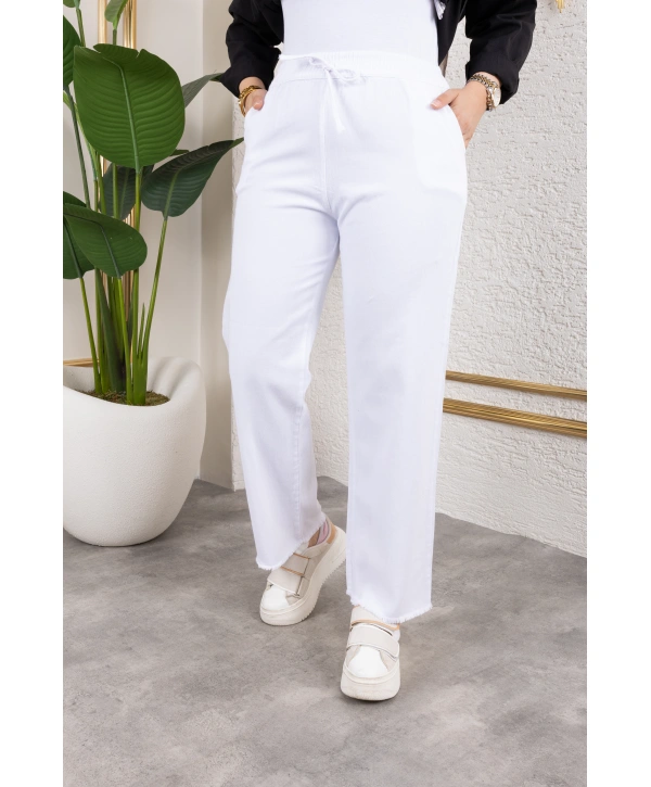 Beli Lastikli Kanvas Pantolon - Beyaz / A0104