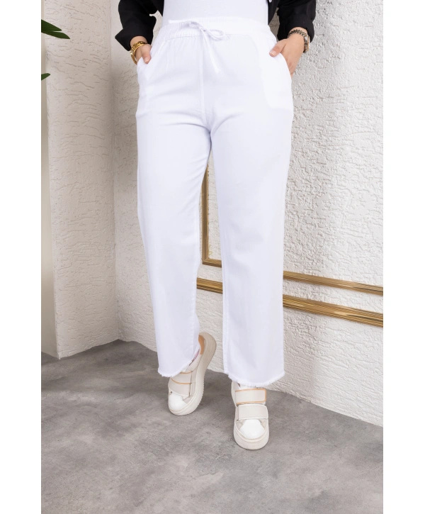 Beli Lastikli Kanvas Pantolon - Beyaz / A0104