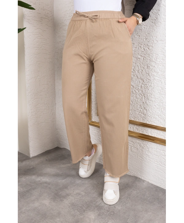 Beli Lastikli Kanvas Pantolon - Vizon / A0104