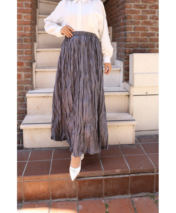 Beli Lastikli Kırışık Kraş Etek - Gri / A0101