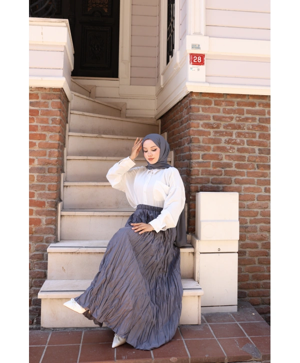 Beli Lastikli Kırışık Kraş Etek - Gri / A0101