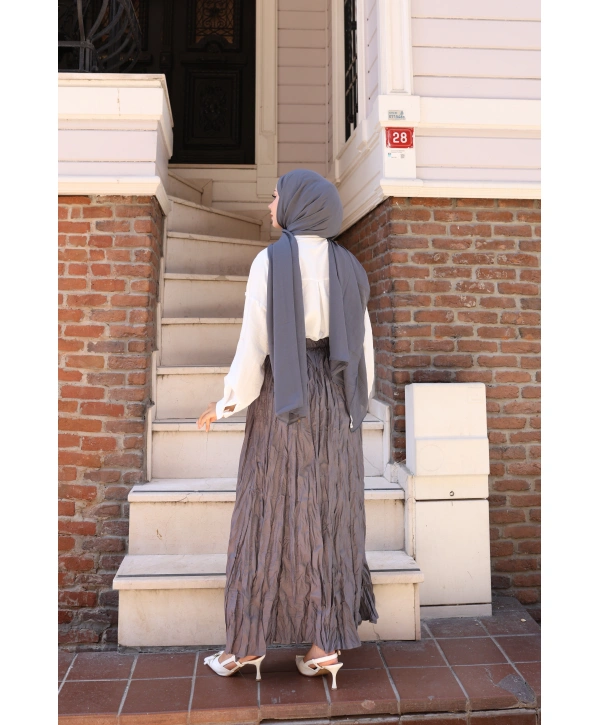 Beli Lastikli Kırışık Kraş Etek - Gri / A0101