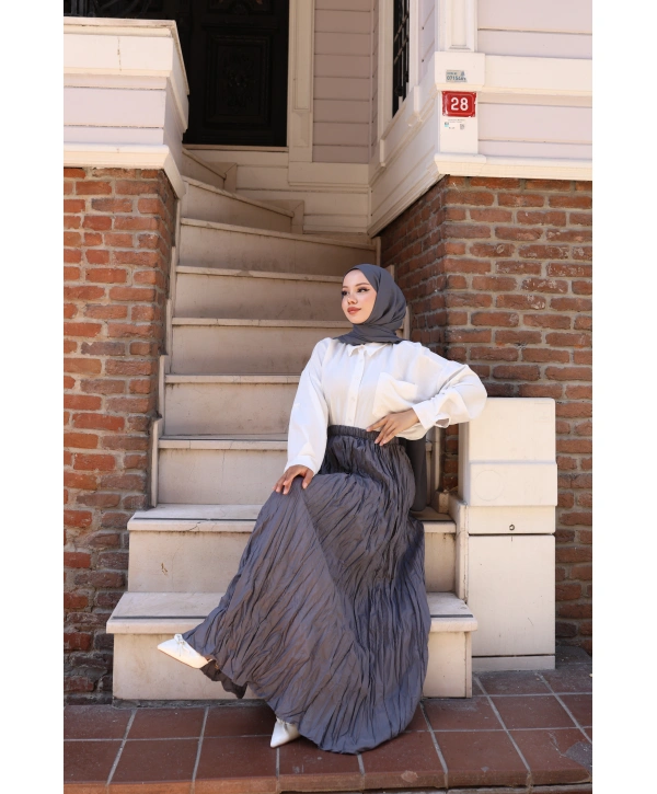 Beli Lastikli Kırışık Kraş Etek - Gri / A0101