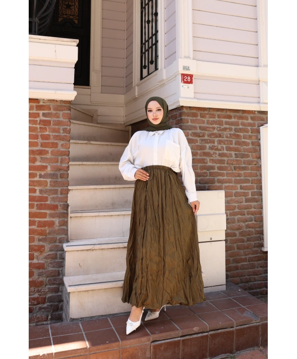 Beli Lastikli Kırışık Kraş Etek - Hardal / A0101