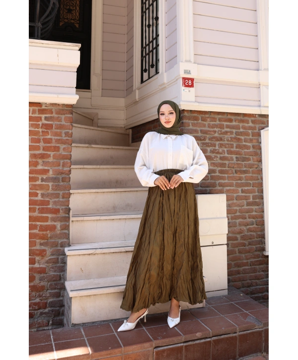 Beli Lastikli Kırışık Kraş Etek - Hardal / A0101