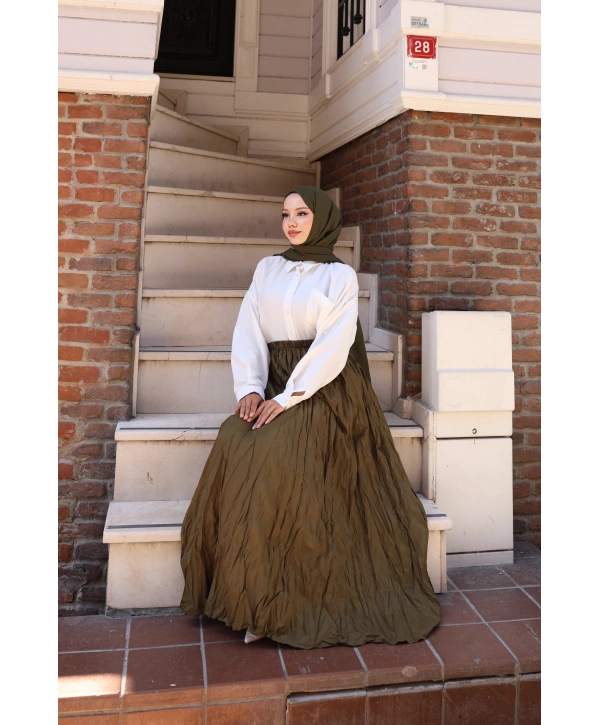 Beli Lastikli Kırışık Kraş Etek - Hardal / A0101