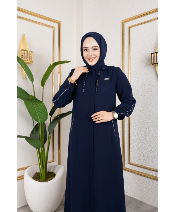 Biyeli Şerit Metal Aksesuar Detaylı Ferace / Lacivert - F0144