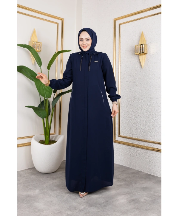 Biyeli Şerit Metal Aksesuar Detaylı Ferace / Lacivert - F0144