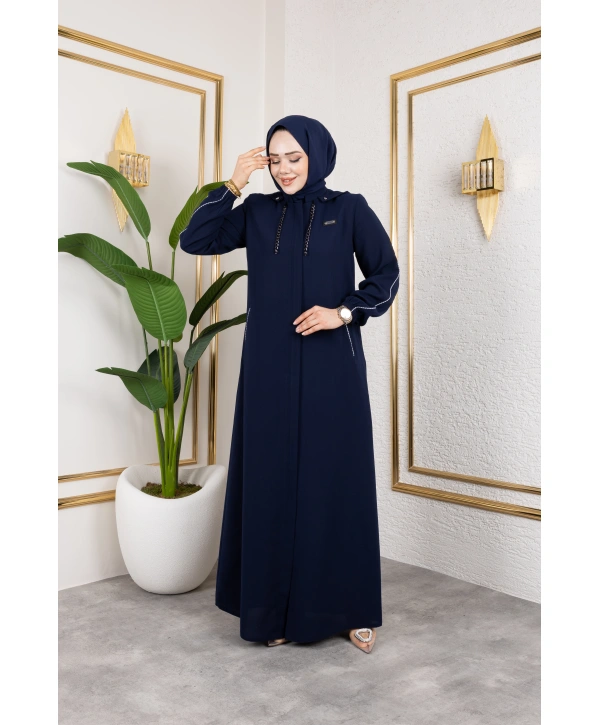 Biyeli Şerit Metal Aksesuar Detaylı Ferace / Lacivert - F0144