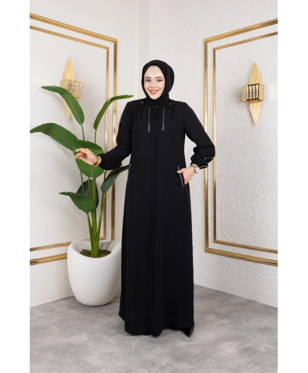 Biyeli Şerit Metal Aksesuar Detaylı Ferace / Siyah - F0144