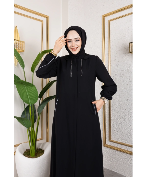 Biyeli Şerit Metal Aksesuar Detaylı Ferace / Siyah - F0144