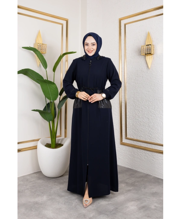 Cep Detaylı Bağlamalı Ferace - Lacivert / F0138