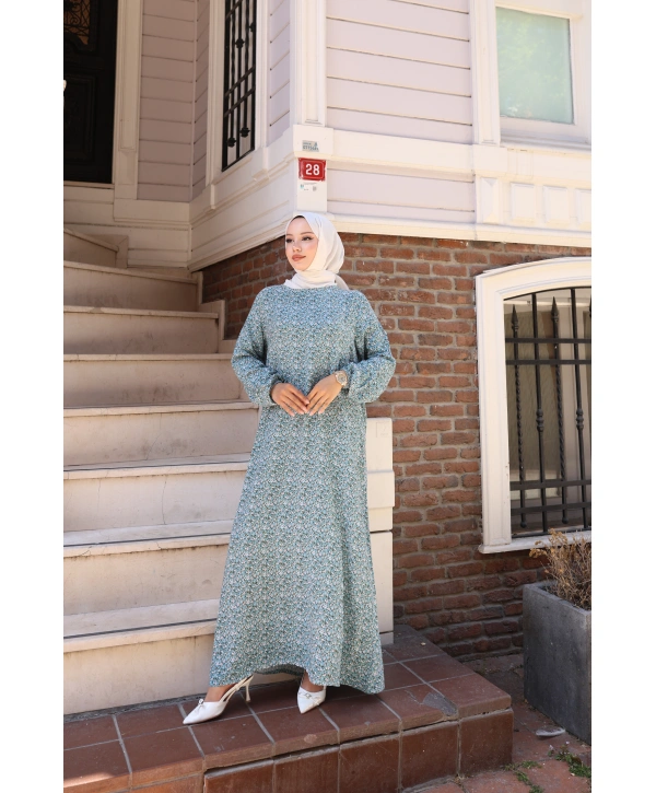 Çiçek Desenli Viskon Elbise - Açık Mavi / E0128