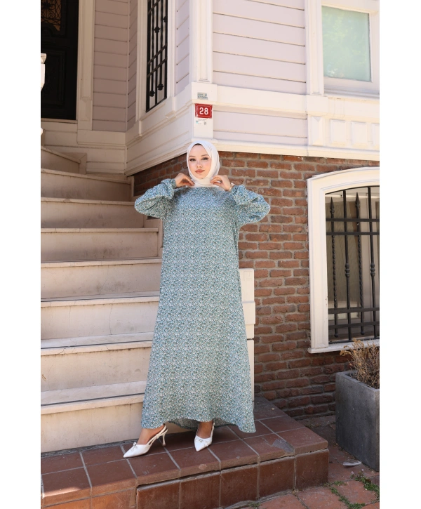 Çiçek Desenli Viskon Elbise - Açık Mavi / E0128