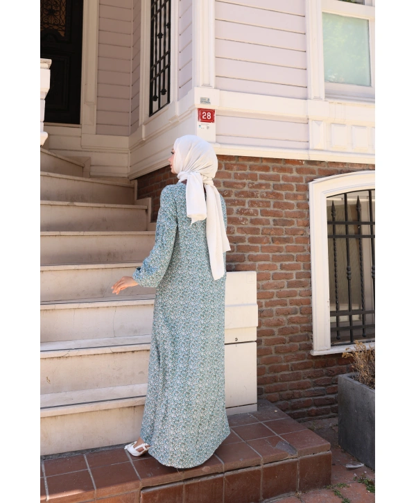 Çiçek Desenli Viskon Elbise - Açık Mavi / E0128