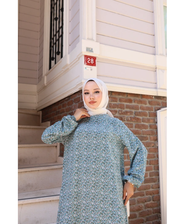 Çiçek Desenli Viskon Elbise - Açık Mavi / E0128