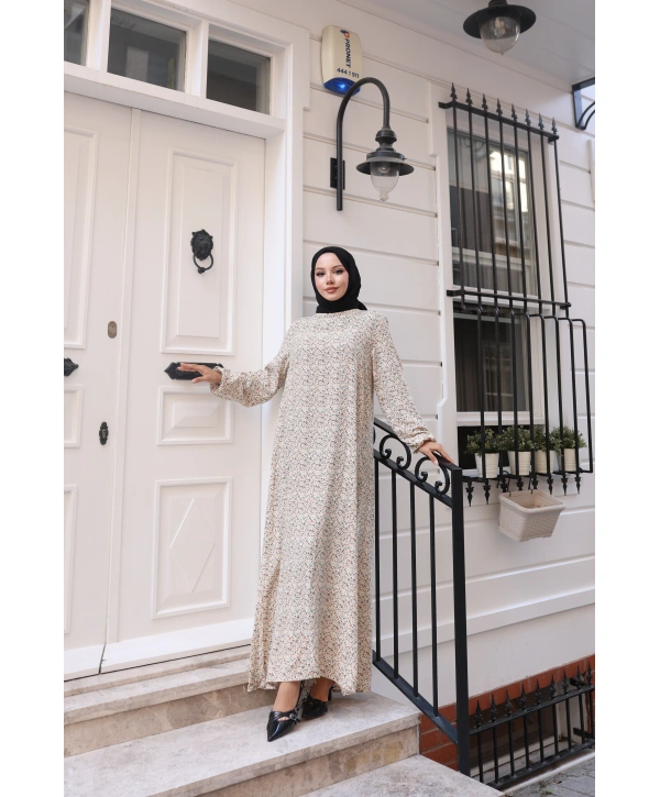 Çiçek Desenli  Viskon Elbise - Bej / E0128