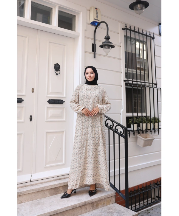 Çiçek Desenli  Viskon Elbise - Bej / E0128